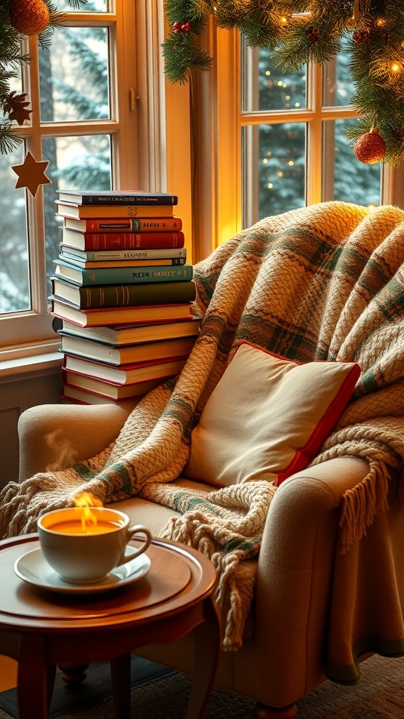 Christmas Wishlist Ideas for Book Lovers A cozy reading nook with books, a blanket, and a cup of tea.